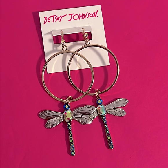 BETSEY JOHNSON • Stone Dragonfly Insect Gypsy Hoop Statement Large Earrings - Picture 3 of 3